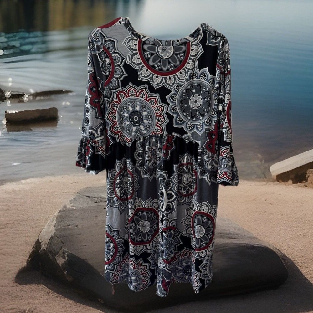 Y2K Shabby Chic Women’s Sz L Sola Fide Bell‎ Sleeve A-Line Shift Dress USA - Picture 3 of 5